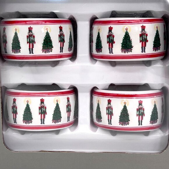 Crofton 4Pc Holiday Porcelain Napkin Rings With Nutcracker Christmas Tree Design - Picture 6 of 12